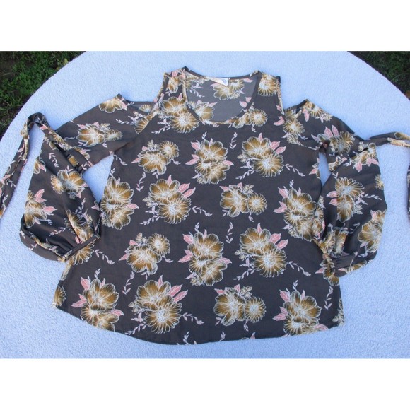 Sienna Sky Cold Shoulder Top Women's Size S Brown with Yellow Flowers Bow Sleeve - Picture 2 of 11